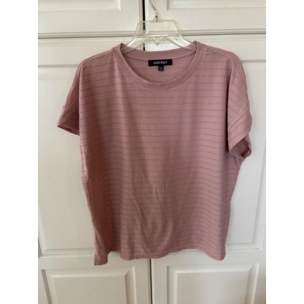 Ellen Tracy Womens XXL Pink Metallic Stripe Short Sleeve Knit Top‎ Shimmer Tee